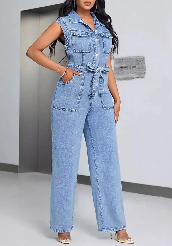 Trendy Lace-Up Patchwork Washed Sleeveless Denim Jumpsuit for Bold Casual Style