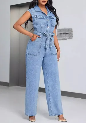 Trendy Lace-Up Patchwork Washed Sleeveless Denim Jumpsuit for Bold Casual Style