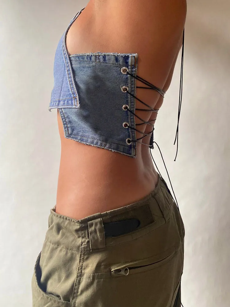 Trendy Sleeveless Strapless Denim-Inspired Strap Detail Vest