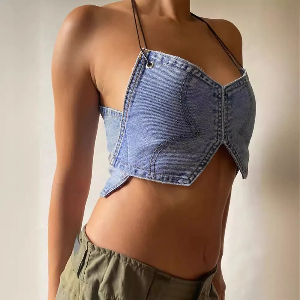 Trendy Sleeveless Strapless Denim-Inspired Strap Detail Vest
