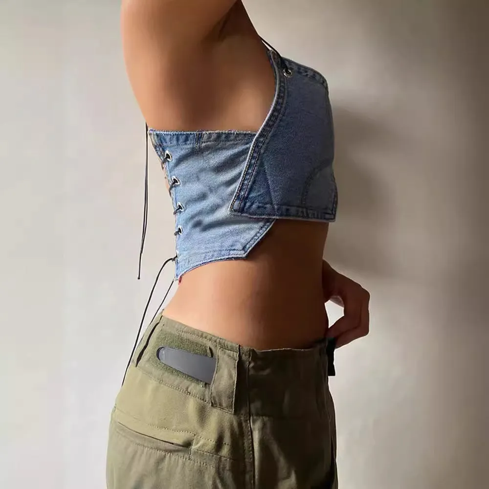 Trendy Sleeveless Strapless Denim-Inspired Strap Detail Vest