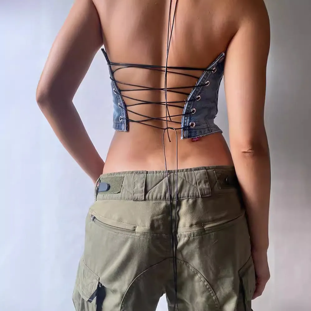 Trendy Sleeveless Strapless Denim-Inspired Strap Detail Vest