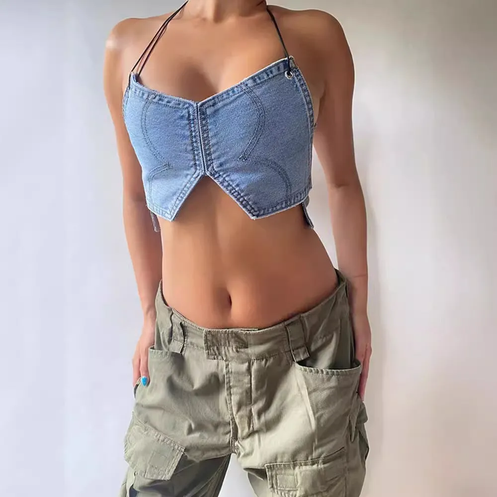 Trendy Sleeveless Strapless Denim-Inspired Strap Detail Vest