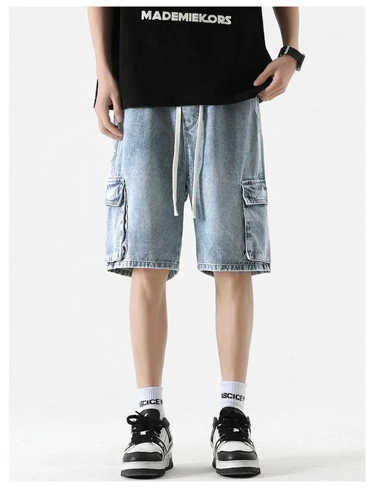 Trendy Wide Leg Denim Shorts for Men Featuring Elastic Waist and Bellows Pocket