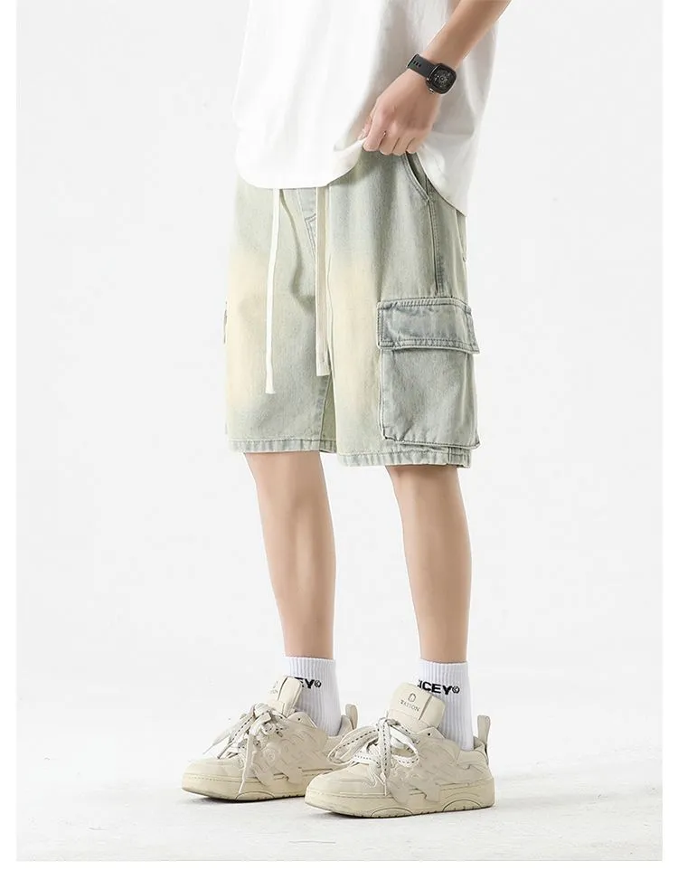 Trendy Wide Leg Denim Shorts for Men Featuring Elastic Waist and Bellows Pocket