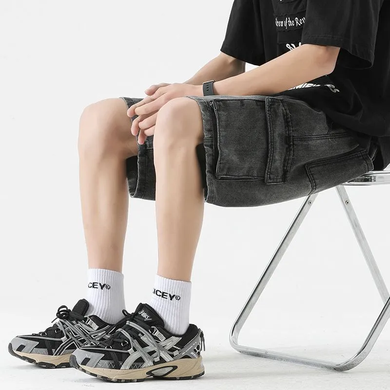 Trendy Wide Leg Denim Shorts for Men Featuring Elastic Waist and Bellows Pocket