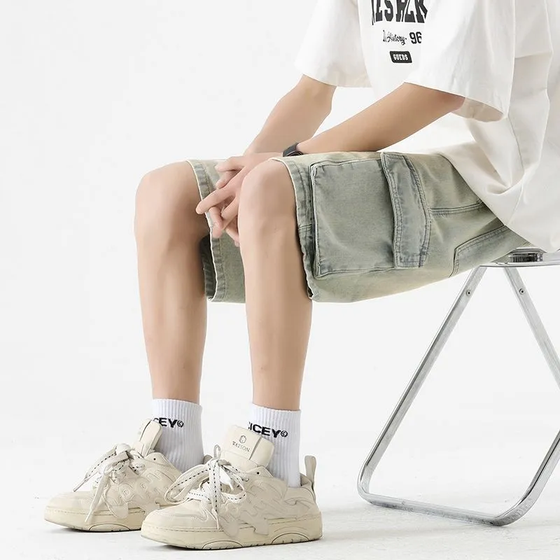 Trendy Wide Leg Denim Shorts for Men Featuring Elastic Waist and Bellows Pocket