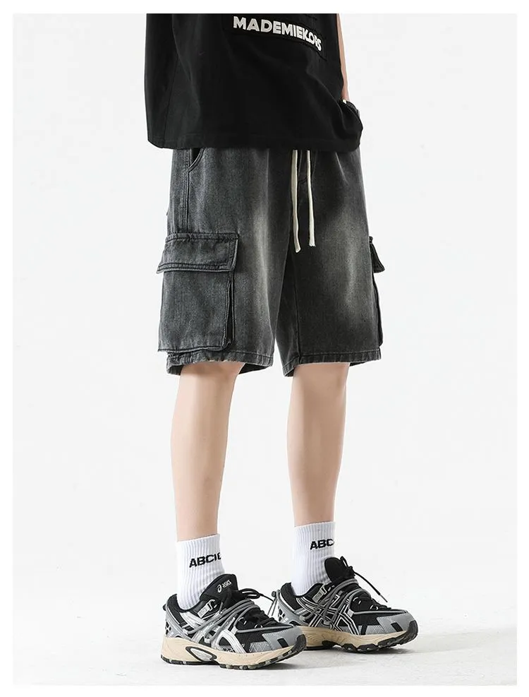 Trendy Wide Leg Denim Shorts for Men Featuring Elastic Waist and Bellows Pocket