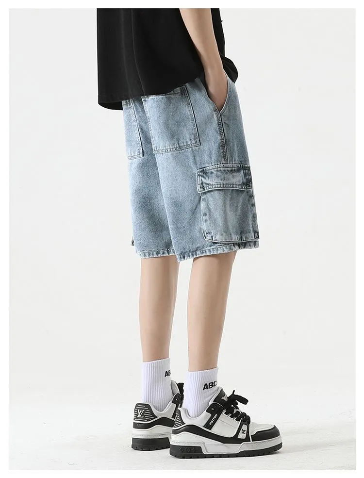 Trendy Wide Leg Denim Shorts for Men Featuring Elastic Waist and Bellows Pocket