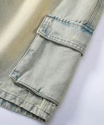 Trendy Wide Leg Denim Shorts for Men Featuring Elastic Waist and Bellows Pocket