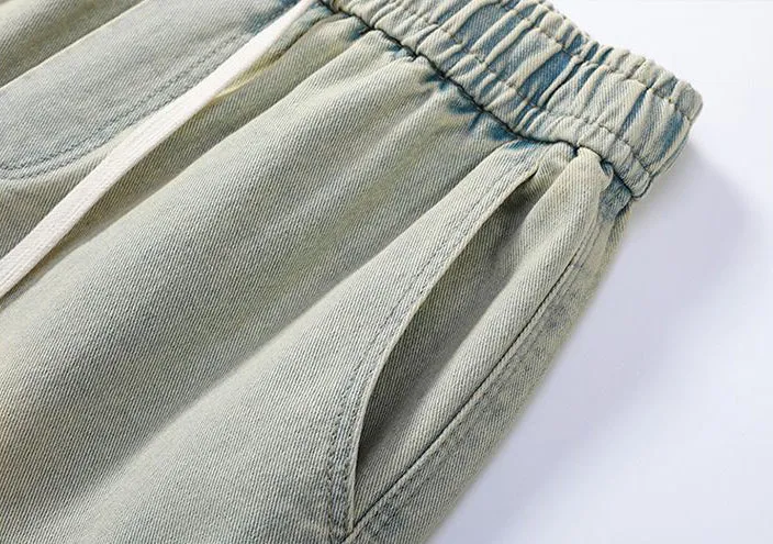 Trendy Wide Leg Denim Shorts for Men Featuring Elastic Waist and Bellows Pocket