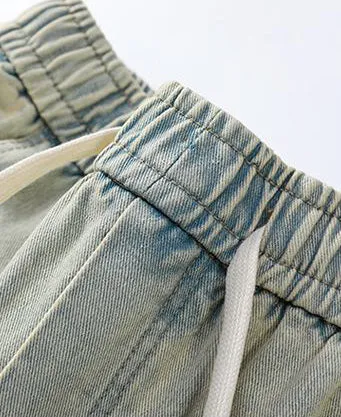 Trendy Wide Leg Denim Shorts for Men Featuring Elastic Waist and Bellows Pocket