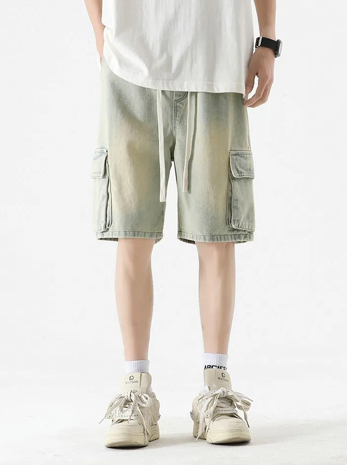 Trendy Wide Leg Denim Shorts for Men Featuring Elastic Waist and Bellows Pocket