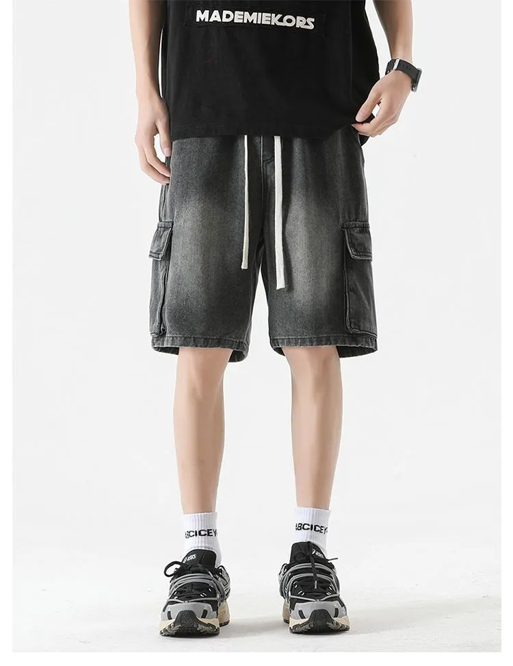 Trendy Wide Leg Denim Shorts for Men Featuring Elastic Waist and Bellows Pocket