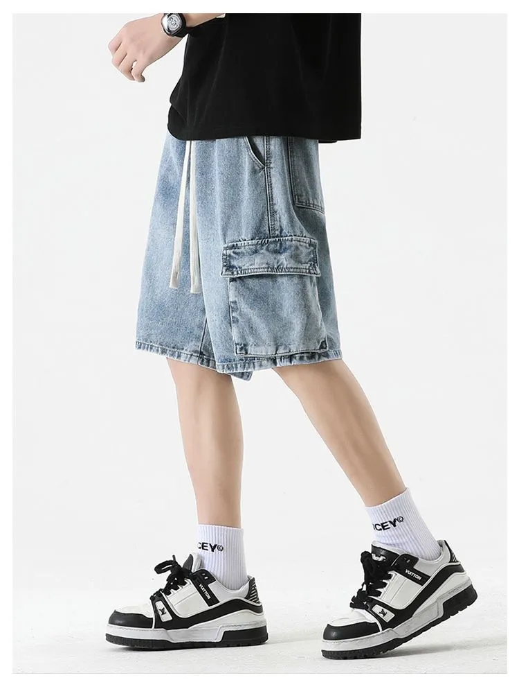 Trendy Wide Leg Denim Shorts for Men Featuring Elastic Waist and Bellows Pocket