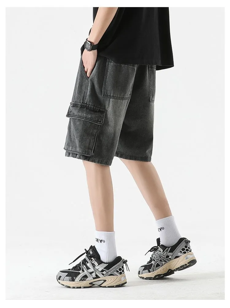 Trendy Wide Leg Denim Shorts for Men Featuring Elastic Waist and Bellows Pocket