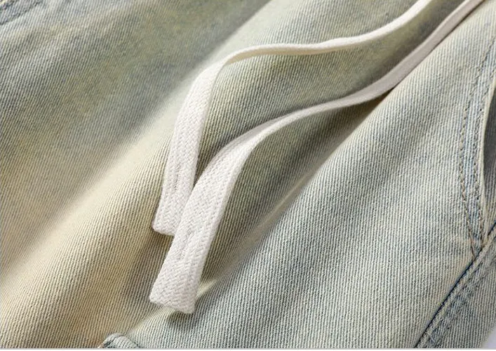 Trendy Wide Leg Denim Shorts for Men Featuring Elastic Waist and Bellows Pocket