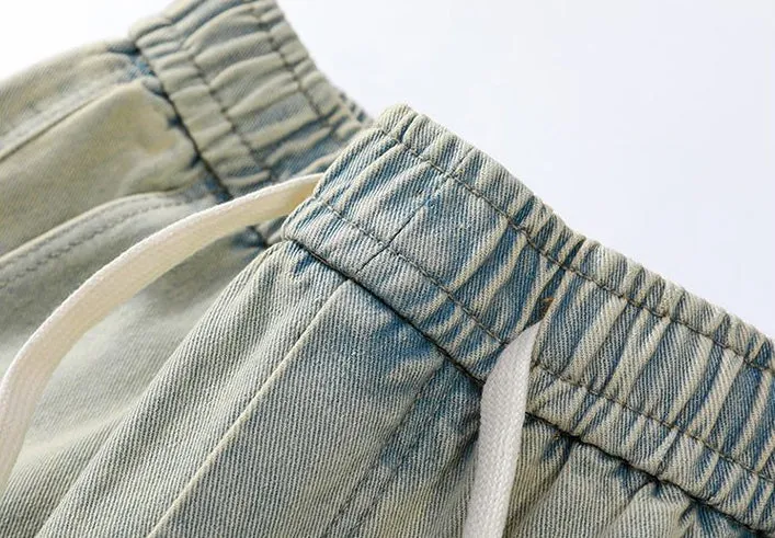 Trendy Wide Leg Denim Shorts for Men Featuring Elastic Waist and Bellows Pocket