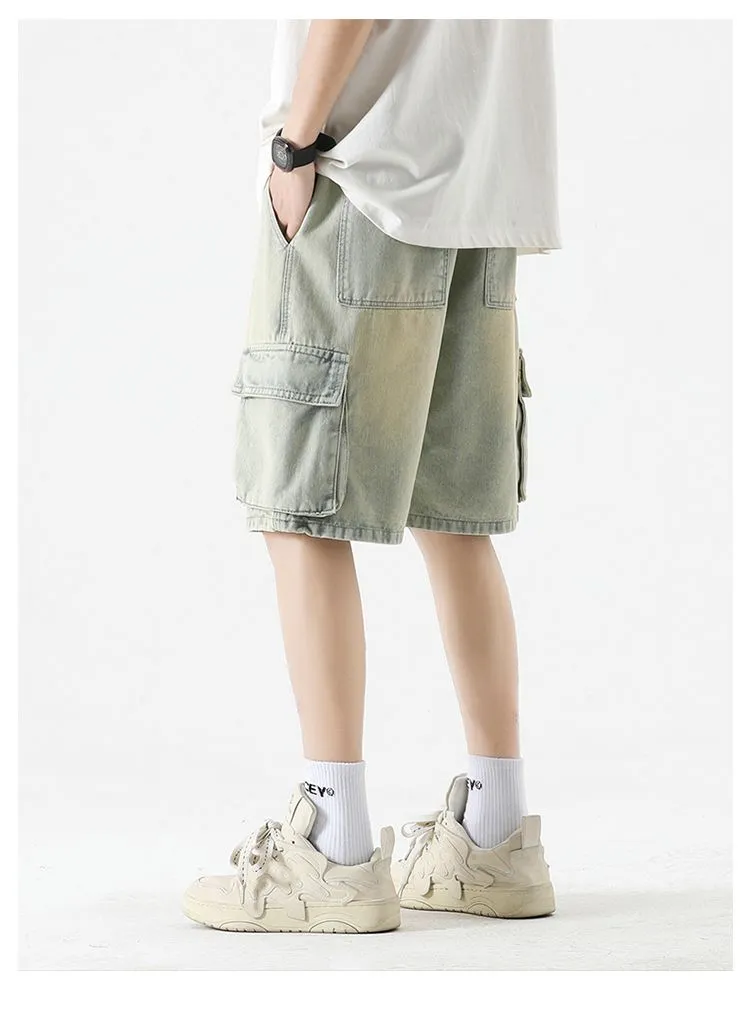 Trendy Wide Leg Denim Shorts for Men Featuring Elastic Waist and Bellows Pocket