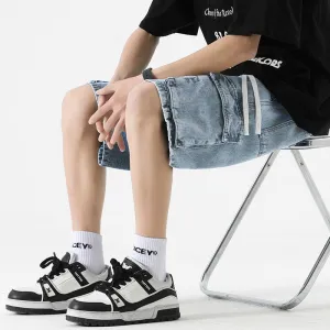 Trendy Wide Leg Denim Shorts for Men Featuring Elastic Waist and Bellows Pocket