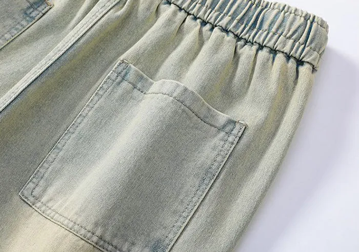 Trendy Wide Leg Denim Shorts for Men Featuring Elastic Waist and Bellows Pocket