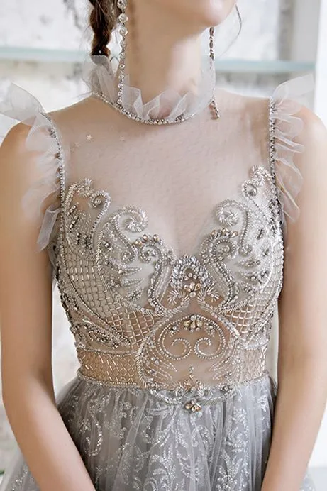 Unique A-line Silver High Neck Formal Dress