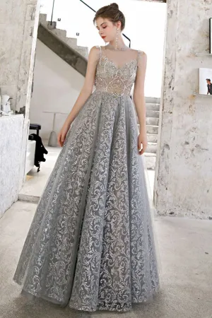 Unique A-line Silver High Neck Formal Dress
