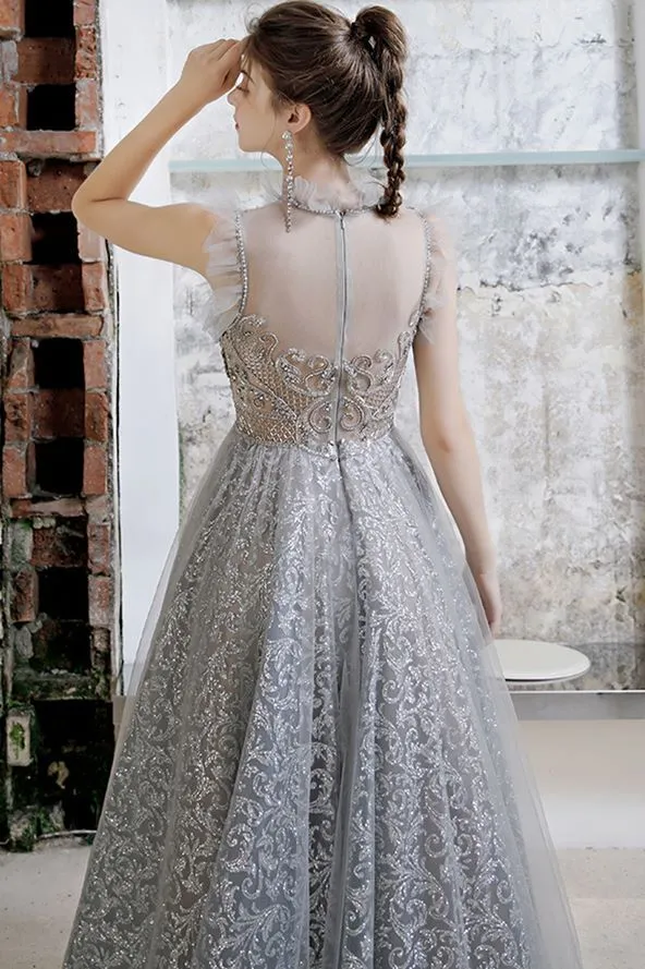 Unique A-line Silver High Neck Formal Dress