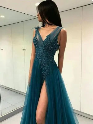 V-neck Emerald_green Lace Long Prom Dresses ,Cheap Prom Dresses,PDY0442