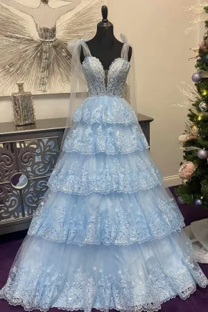 V Neck Layered Light Blue Lace Long Prom Dress, Light Blue Lace Formal Evening Dress, Light Blue Ball Gown A2032