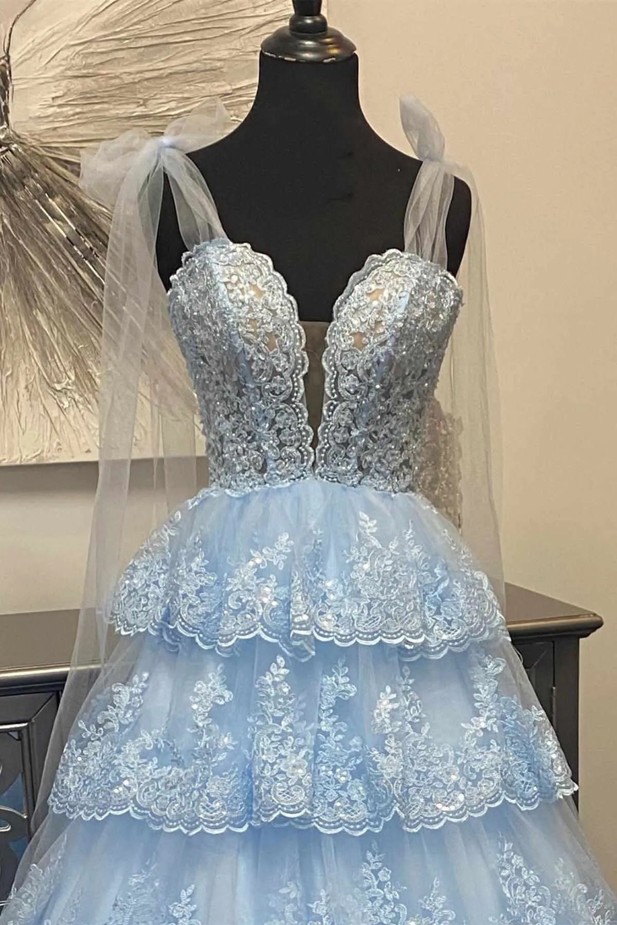 V Neck Layered Light Blue Lace Long Prom Dress, Light Blue Lace Formal Evening Dress, Light Blue Ball Gown A2032