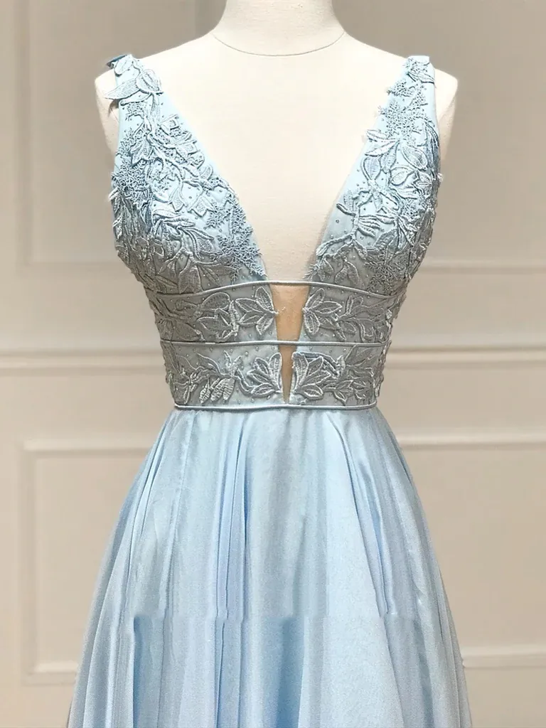 V Neck Light Blue Lace Prom Dresses, Light Blue V Lace Lace Formal Evening Graduation Dresses