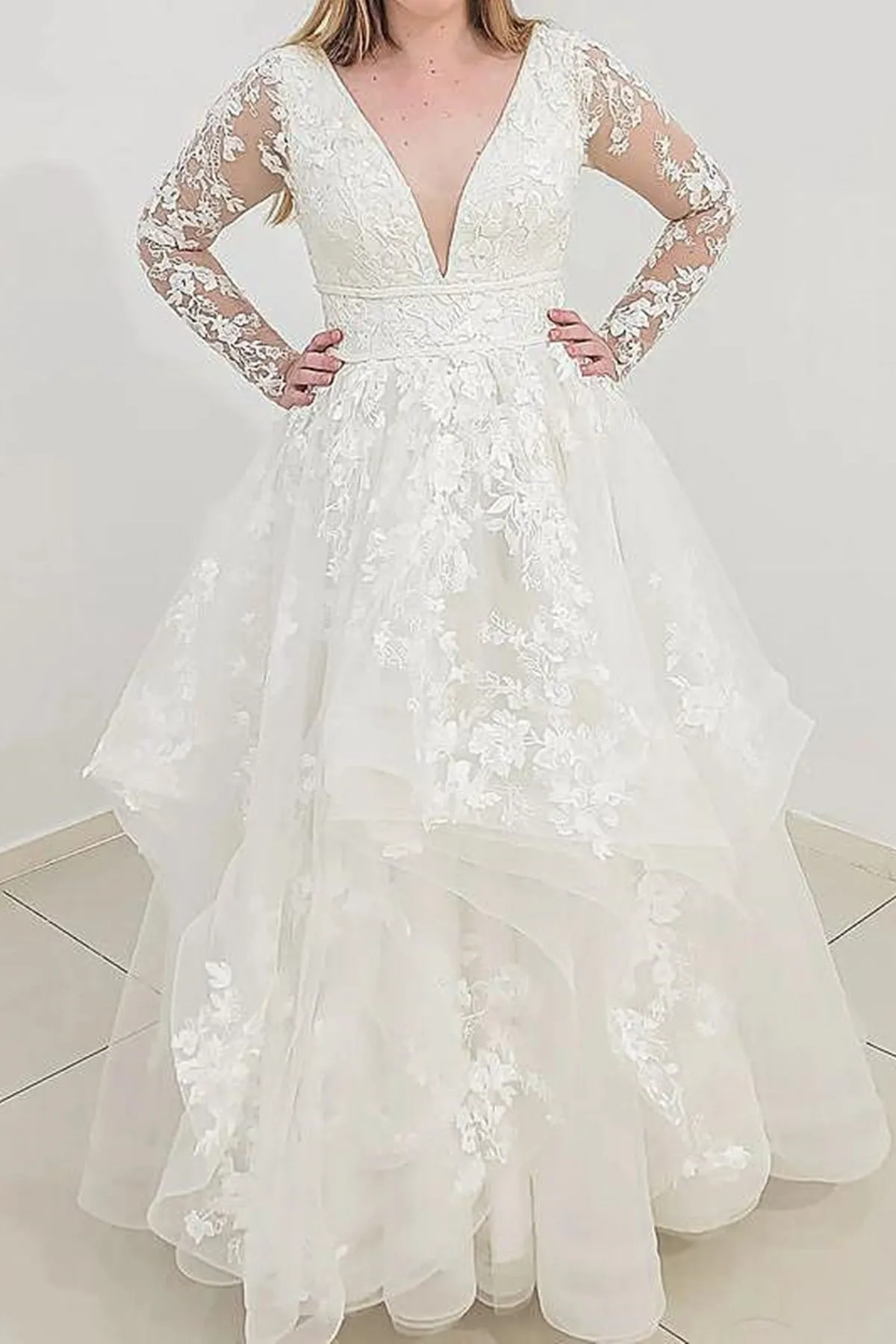 V Neck Long Sleeves White Lace Tulle Prom Dress, Layered White Lace Wedding Dress, White Formal Evening Dress A1707