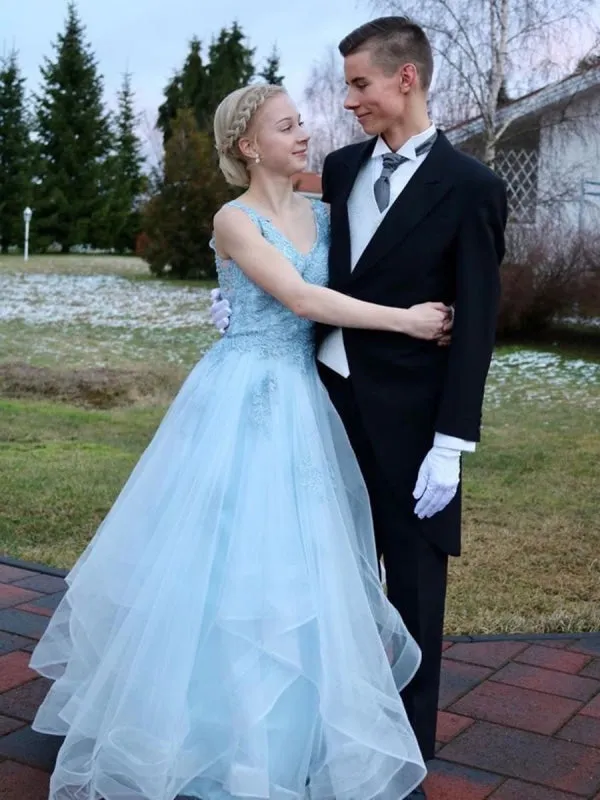 V Neck Open Back Light Blue Lace Long Prom, Light Blue Lace Formal Graduation Evening