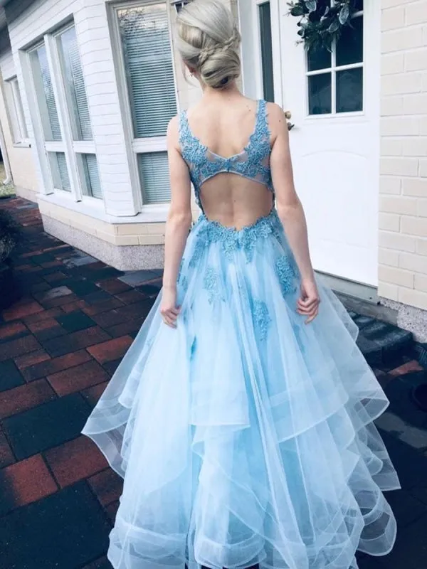 V Neck Open Back Light Blue Lace Long Prom, Light Blue Lace Formal Graduation Evening