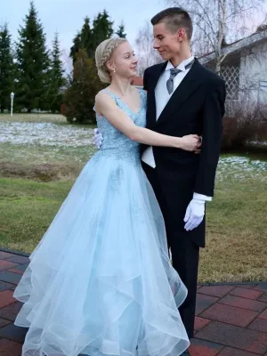 V Neck Open Back Light Blue Lace Long Prom, Light Blue Lace Formal Graduation Evening
