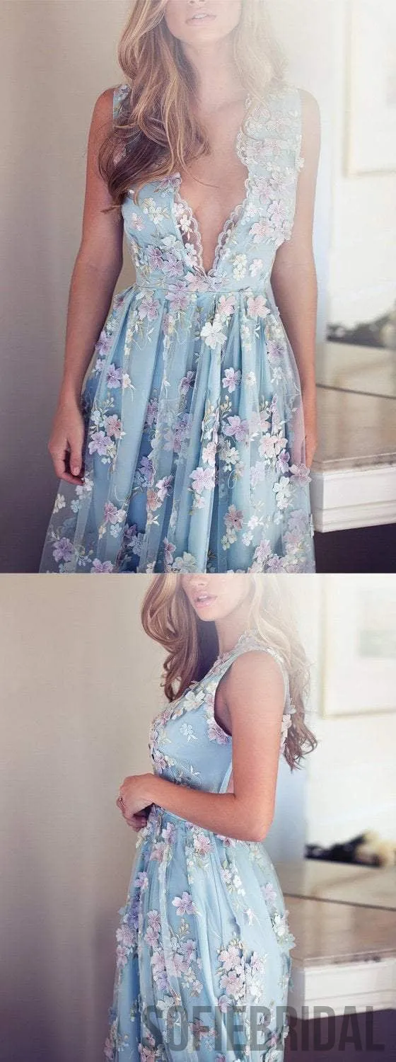 V-neck Sleeveless Blue tulle Appliques Prom Dresses, Affordable Long A-line Prom Dress, PD0325