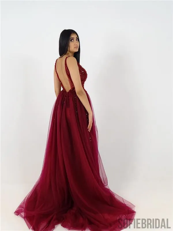 V-neck Tulle Prom Dresses, Beaded Sequin Prom Dresses, Popular Prom Dresses, Prom Dresses, PD0615