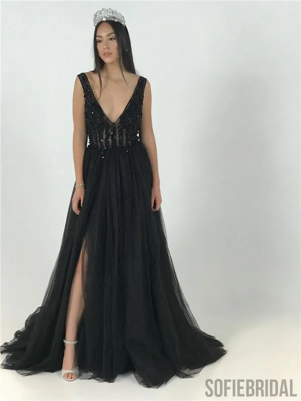 V-neck Tulle Prom Dresses, Beaded Sequin Prom Dresses, Popular Prom Dresses, Prom Dresses, PD0615