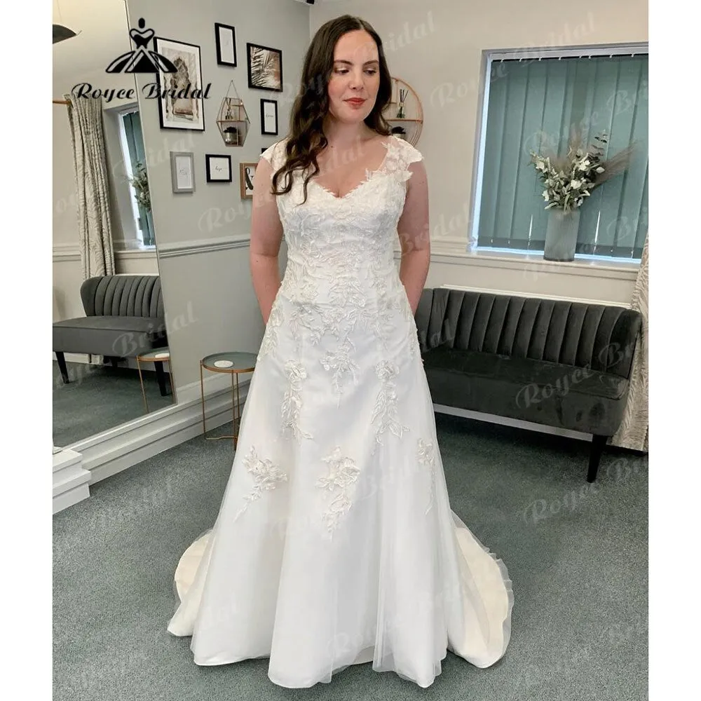 Vinatge Lace Appliques V Neck Soft Satin Wedding Dress with Short Sleeve  Bridal Gown Backless vestido de novia Roycebridal