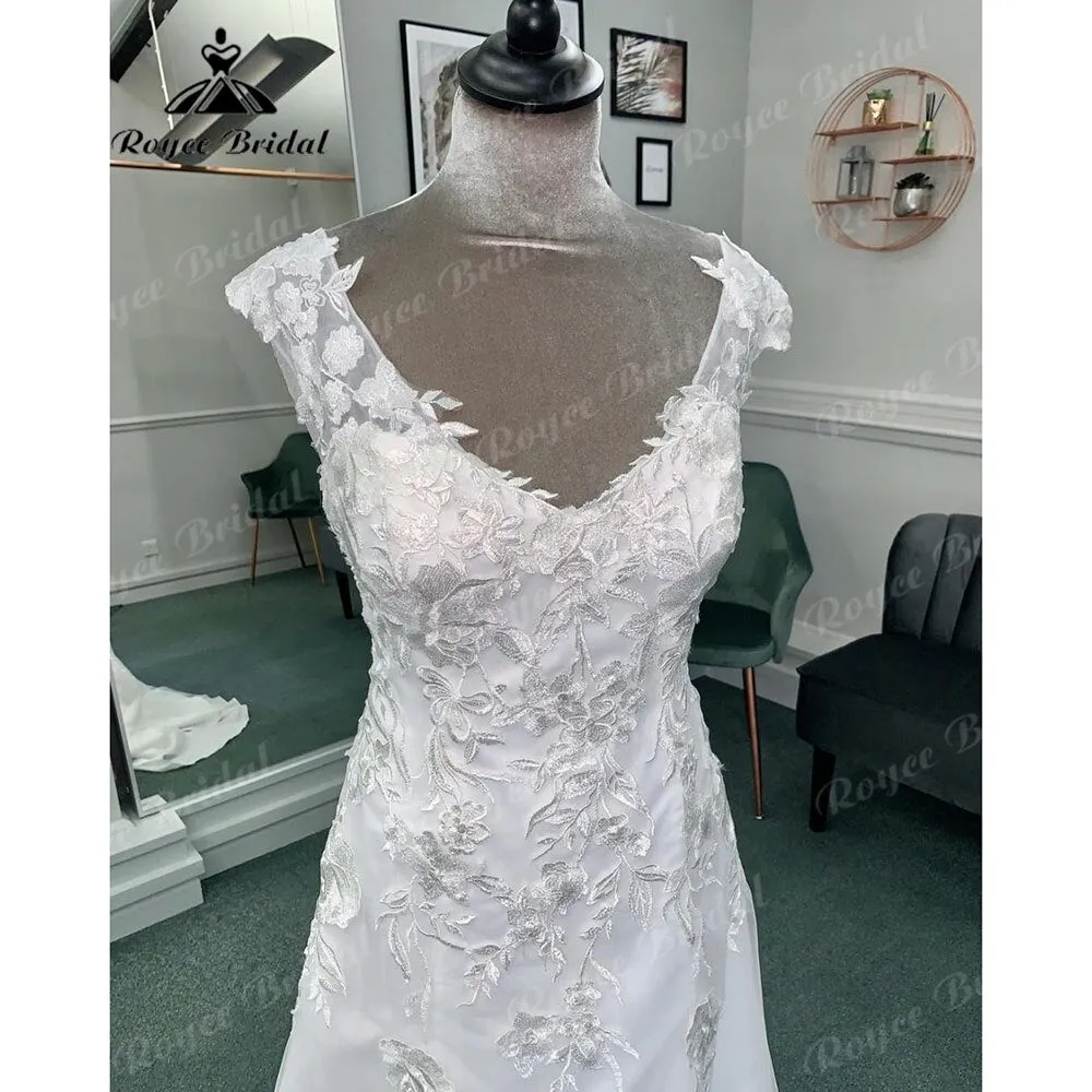Vinatge Lace Appliques V Neck Soft Satin Wedding Dress with Short Sleeve  Bridal Gown Backless vestido de novia Roycebridal