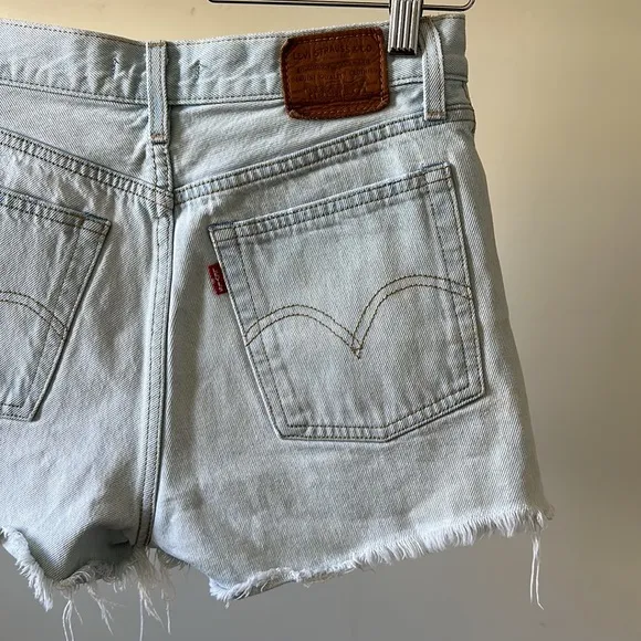 Vintage Levi’s wedgie button fly high rise frayed distressed rigid denim shorts