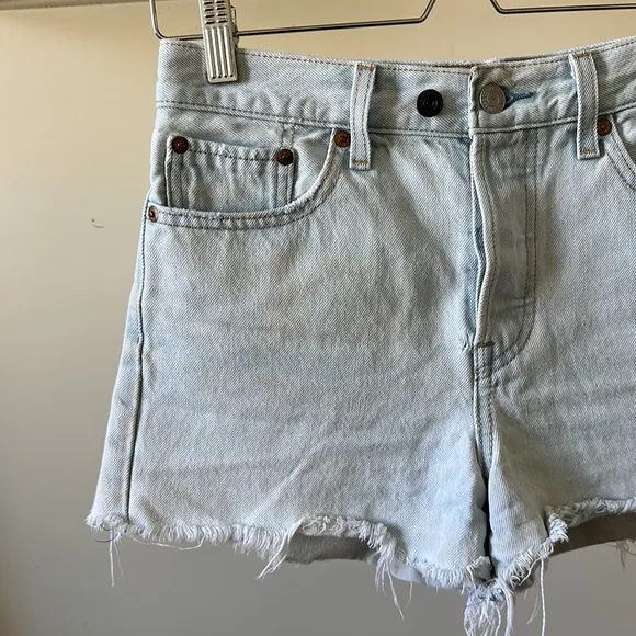 Vintage Levi’s wedgie button fly high rise frayed distressed rigid denim shorts