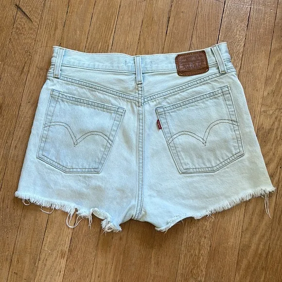Vintage Levi’s wedgie button fly high rise frayed distressed rigid denim shorts