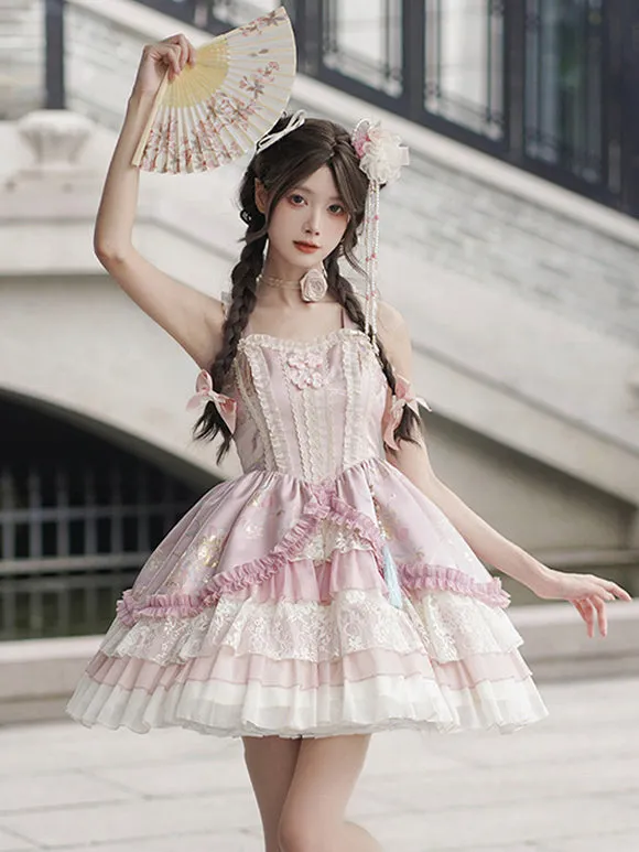 Vintage Pink Sweet Lolita Dress with Layered Lace and Embroidered Details