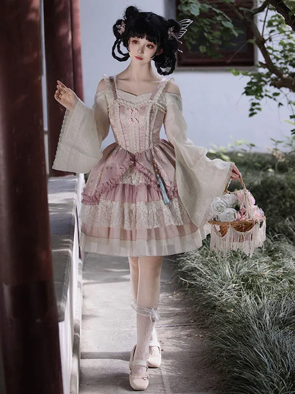 Vintage Pink Sweet Lolita Dress with Layered Lace and Embroidered Details