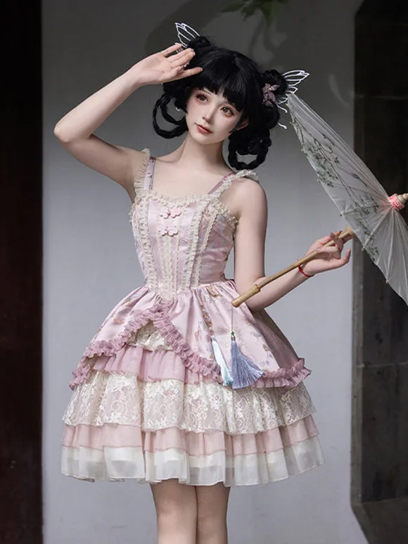 Vintage Pink Sweet Lolita Dress with Layered Lace and Embroidered Details