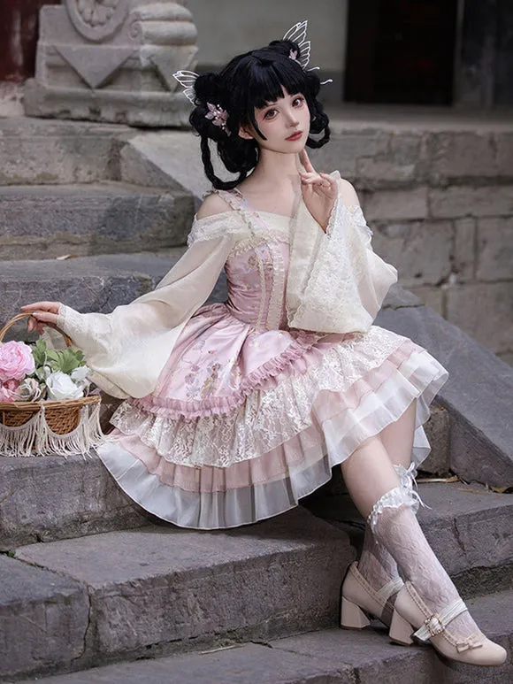Vintage Pink Sweet Lolita Dress with Layered Lace and Embroidered Details