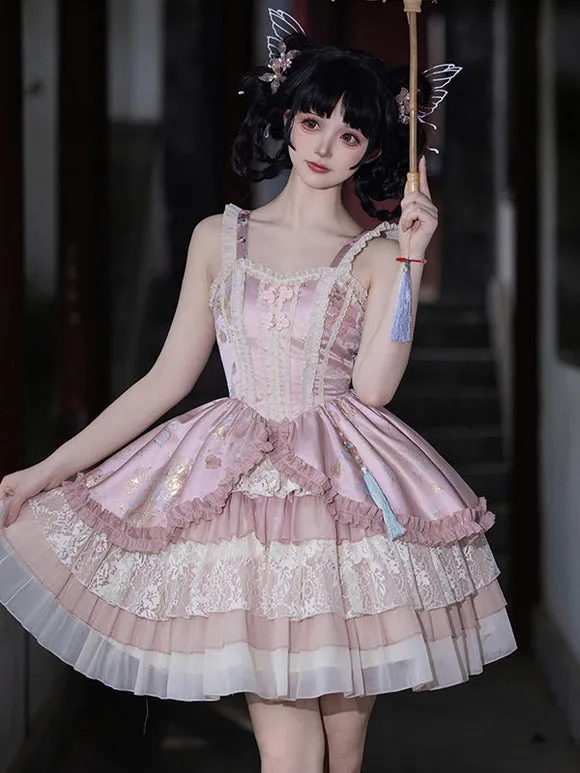 Vintage Pink Sweet Lolita Dress with Layered Lace and Embroidered Details