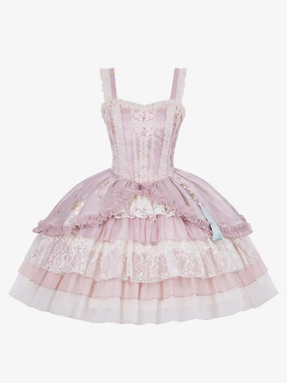 Vintage Pink Sweet Lolita Dress with Layered Lace and Embroidered Details
